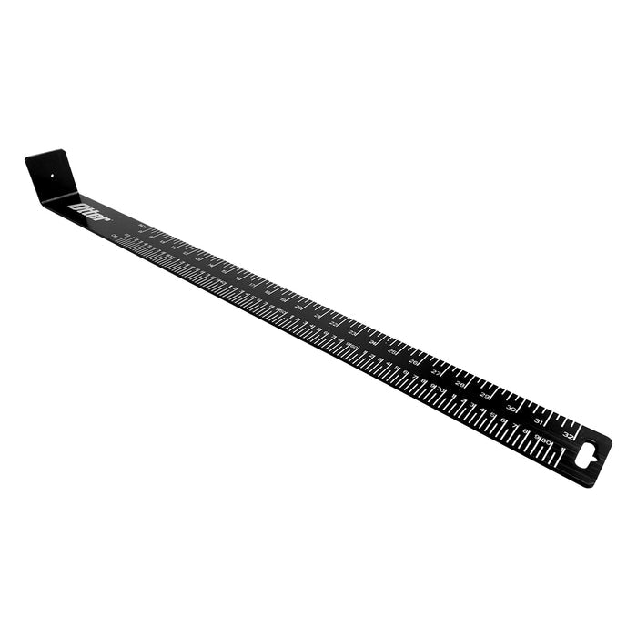 Black metal measuring board with white measurement markings and a hooked end designed for accurately measuring fish, identified as Otter Bump Board.