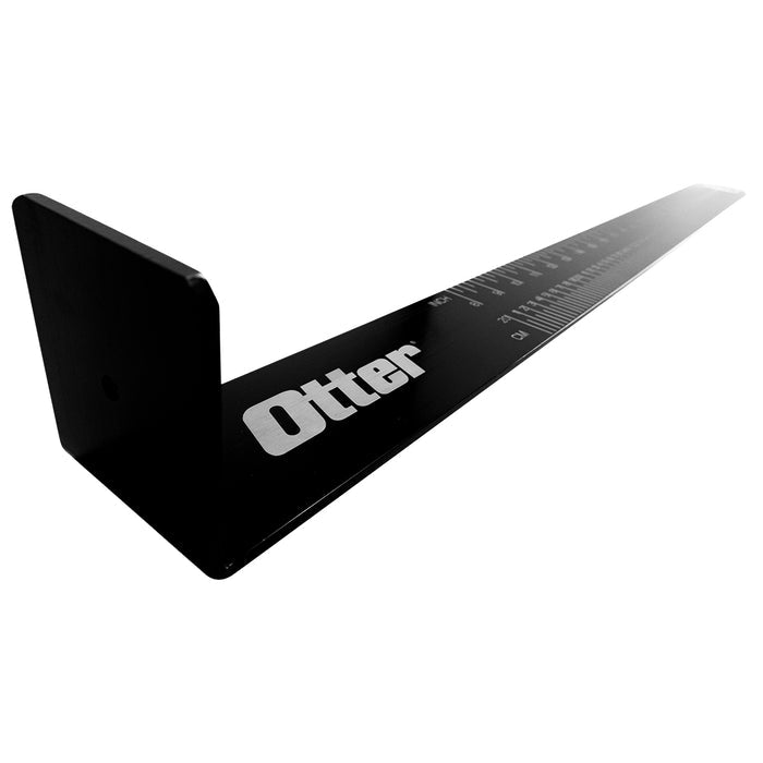 Otter Bump Board with a sleek black finish, featuring clear white measurement markings and a right-angle end, designed for precise fish length measurement.