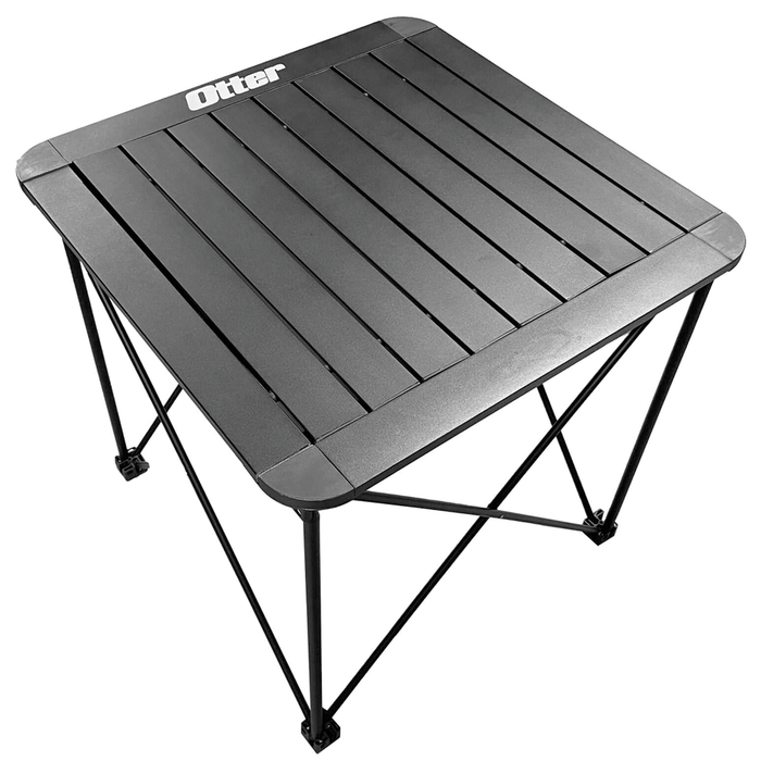 Otter Deluxe Aluminum Roll Top Table - #201774, a compact and sturdy black aluminum outdoor table with slatted top and foldable legs, ideal for fishing tackle and gear organization.