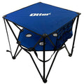 Blue portable Otter Deluxe Double Decker Table - #201622 with black metal frame, built-in cup holders, and side storage pockets designed for outdoor fishing and camping use.