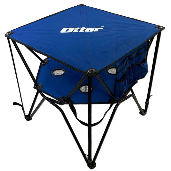 Blue portable Otter Deluxe Double Decker Table - #201622 with black metal frame, built-in cup holders, and side storage pockets designed for outdoor fishing and camping use.
