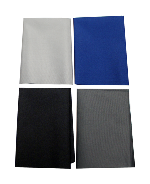 Four rectangular pieces of fabric in light gray, royal blue, black, and dark gray arranged in a grid, shown as part of the Otter Fish House Patch collection.