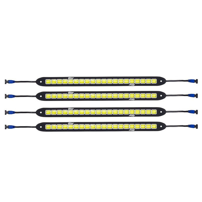 Four Otter Portable LED Light Kits arranged horizontally, each featuring a slim black strip with multiple bright yellow LED lights and blue connectors at both ends for fishing tackle or marine electronics lighting.