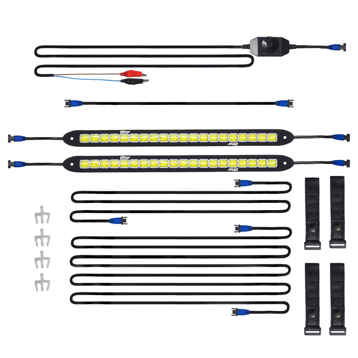 Otter Portable LED Light Kits featuring two long LED light strips, multiple connecting cables with blue connectors, black velcro straps, and plastic clips for fishing tackle or marine electronics setup.