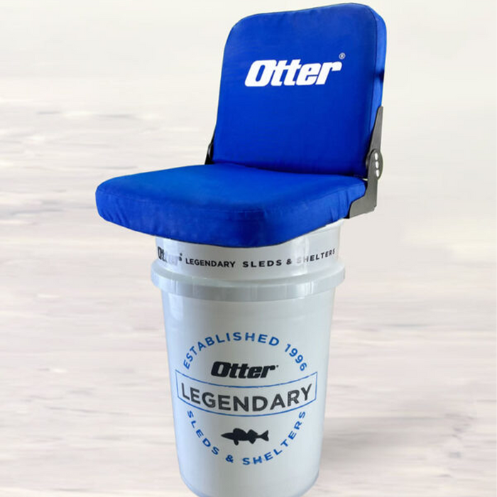 Otter Pro Sidekick Jump Seat - #201619 featuring a blue cushioned seat with backrest mounted on a white bucket branded for fishing and outdoor use, designed for comfort and convenience during fishing activities.