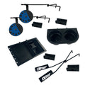 Set of black and blue fishing accessories including two circular blue reels, rod holders, a double cup holder, and a black utility tray with compartments labeled Otter QA Bundle for fishing tackle organization.