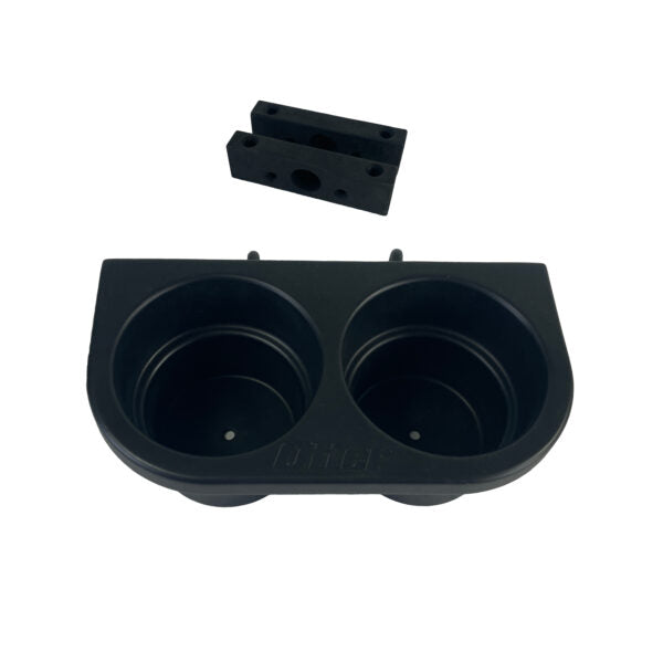 Otter QA Dual Cup Holder is a black, durable dual cup holder designed for secure mounting, featuring two circular compartments and an included mounting bracket.