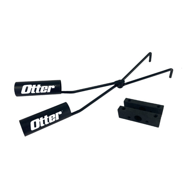 Otter QA Dual Rod Holder featuring two black cylindrical rod holders connected by metal arms with a central pivot and a detachable black mounting block for securing fishing rods.
