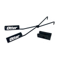 Otter QA Dual Rod Holder featuring two black cylindrical rod holders connected by metal arms with a central pivot and a detachable black mounting block for securing fishing rods.