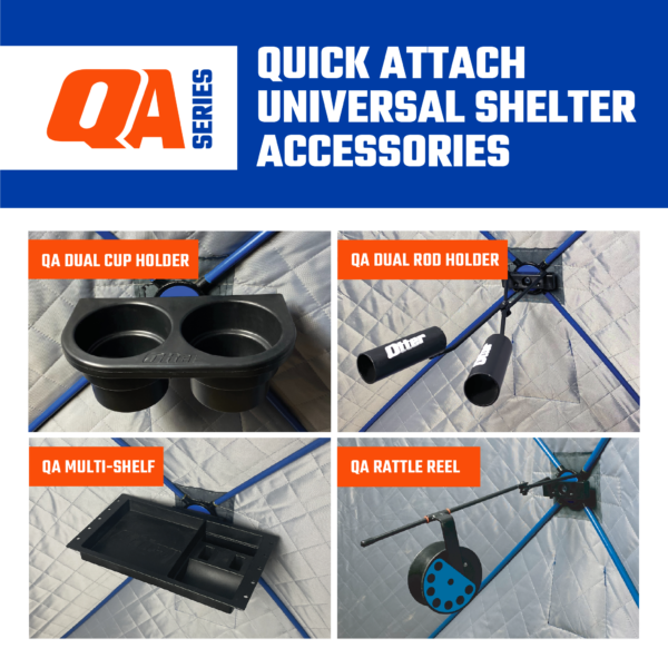 Otter QA Dual Rod Holder showing two black rod holder tubes attached to blue poles inside a fishing shelter, designed for secure mounting of fishing rods.