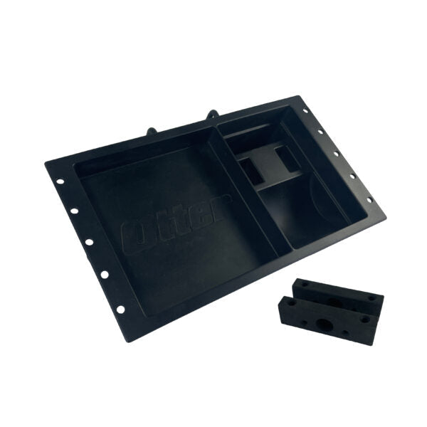 Black plastic multi-compartment organizer tray with two smaller detachable pieces, designed for durable storage included in the Otter QA Multi-Shelf fishing tackle system.
