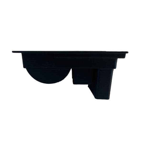 Side view of a black plastic Otter QA Multi-Shelf component with a flat upper surface and integrated structural supports, designed for organizing fishing tackle and gear.
