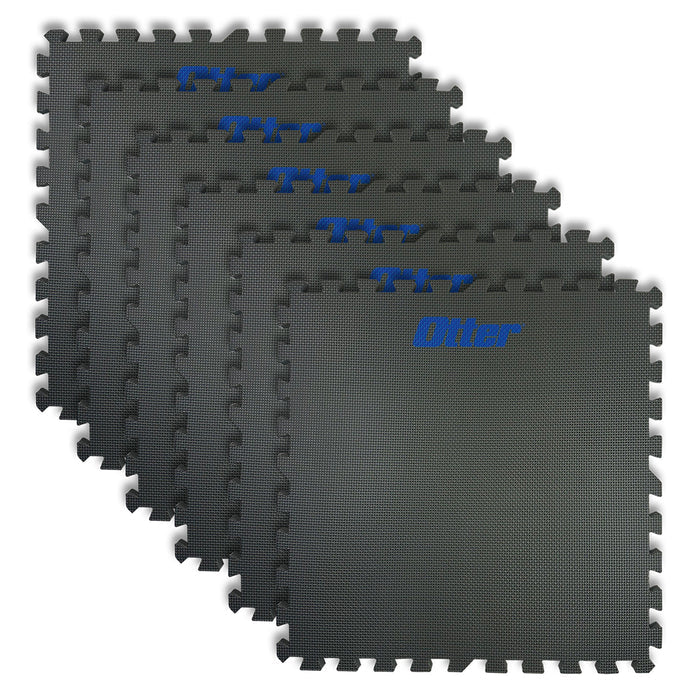 Otter Shelter 3/4" Floor Tiles (6 Pack) showing six interlocking dark gray rubber mats with blue "Otter" branding, designed for durable, non-slip flooring in fishing shelters.