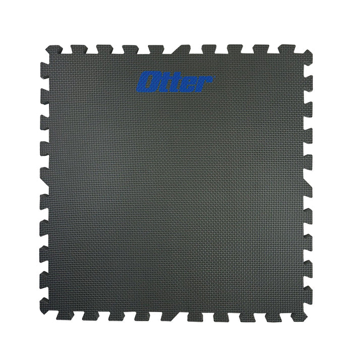 Square gray interlocking floor tile with textured surface and blue "Otter" logo, part of the Otter Shelter 3/4" Floor Tiles (6 Pack) set, designed for sturdy shelter flooring.