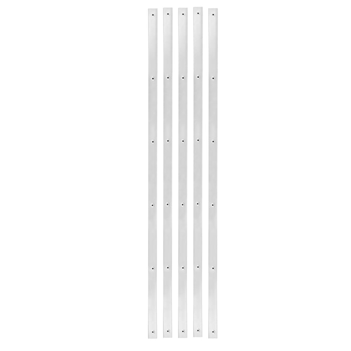 Five long, narrow, silver metal strips with evenly spaced holes along their length, shown on a plain white background, part of Otter Sled & Fish House HDX Hyfax/Runner Kits.