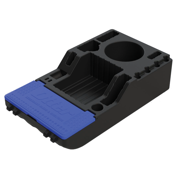Black and blue Otter Sonar Sled - #201895 designed to hold fishing sonar equipment securely with multiple compartments and slots for organizing fishing tackle and accessories.