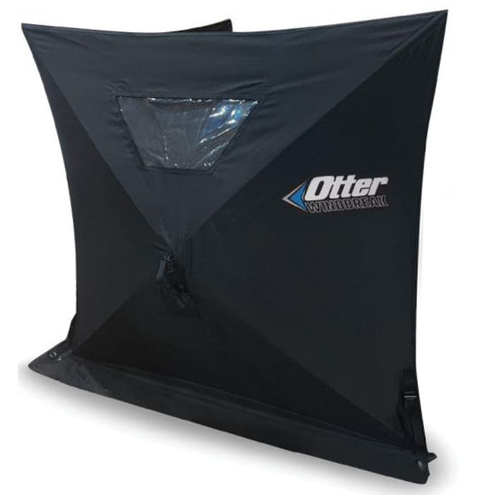 Otter Windbreak V-Hub is a black, portable windbreak shelter with a clear window panel and logo, designed to provide protection from wind and elements during outdoor fishing activities.