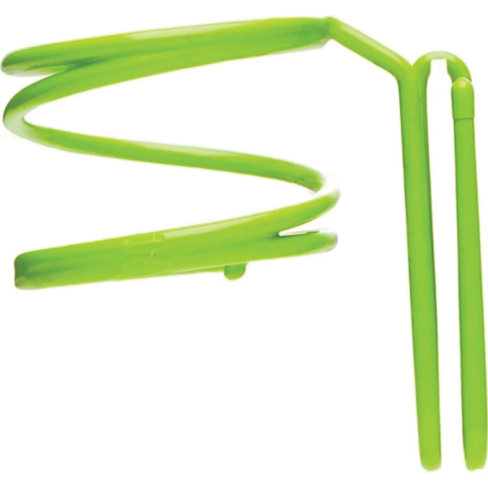 Bright green plastic Outdoor Creations Beverage Holder designed to securely hold a drink, featuring an open circular grip and two prongs for mounting or attachment.