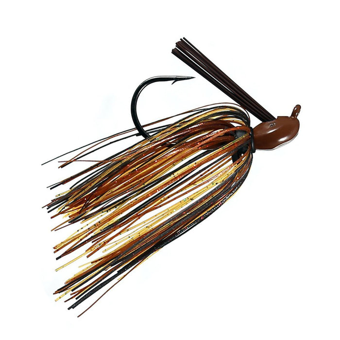 Outkast Tackle Cage Fighter Jig with a brown weighted head and multi-colored silicone skirt in shades of brown, black, and gold, designed as a fishing lure for freshwater fishing.