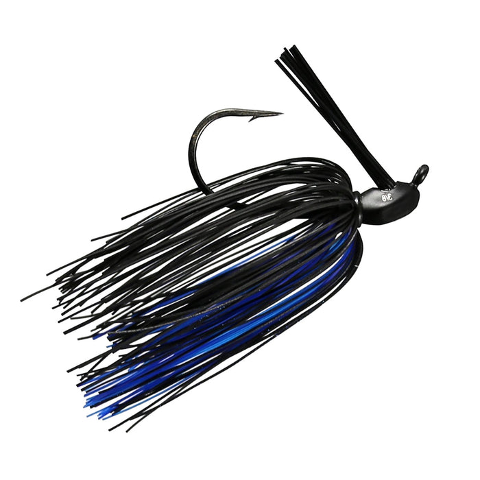 Outkast Tackle Cage Fighter Jig fishing lure with a sharp hook, featuring black and blue silicone skirt strands designed for musky fishing and other freshwater species.