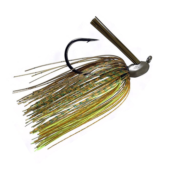 Outkast Tackle Cage Fighter Jig fishing lure with a large sharp hook, green and gold skirt strands, designed for musky fishing and precision casting.