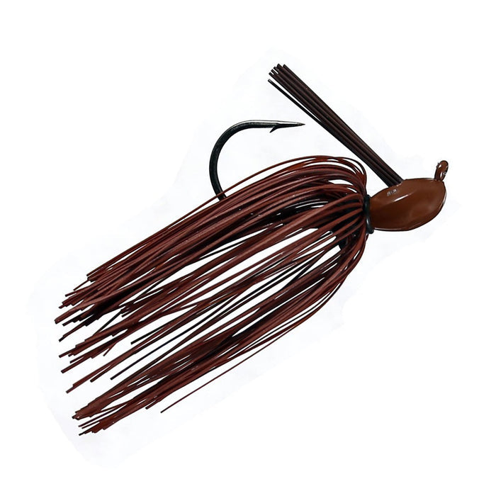 Outkast Tackle Cage Fighter Jig in dark brown with a curved fishing hook and multiple skirt strands designed for musky fishing tackle.
