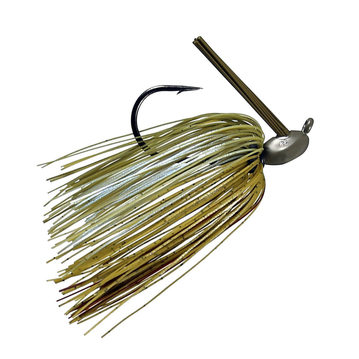 Outkast Tackle Cage Fighter Jig fishing lure with a weed guard, featuring a silver weighted head and multi-colored skirt strands in natural hues for musky fishing.