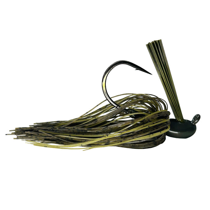 Outkast Tackle Cage Fighter Jig fishing lure with a sharp single hook and camouflage green skirt designed for musky fishing tackle and fishing lures.