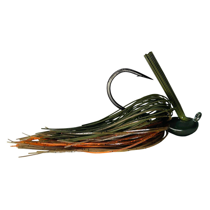 Outkast Tackle Cage Fighter Jig fishing lure with a sharp black hook, green and orange silicone skirt, and a weed guard designed for musky and ice fishing tackle.