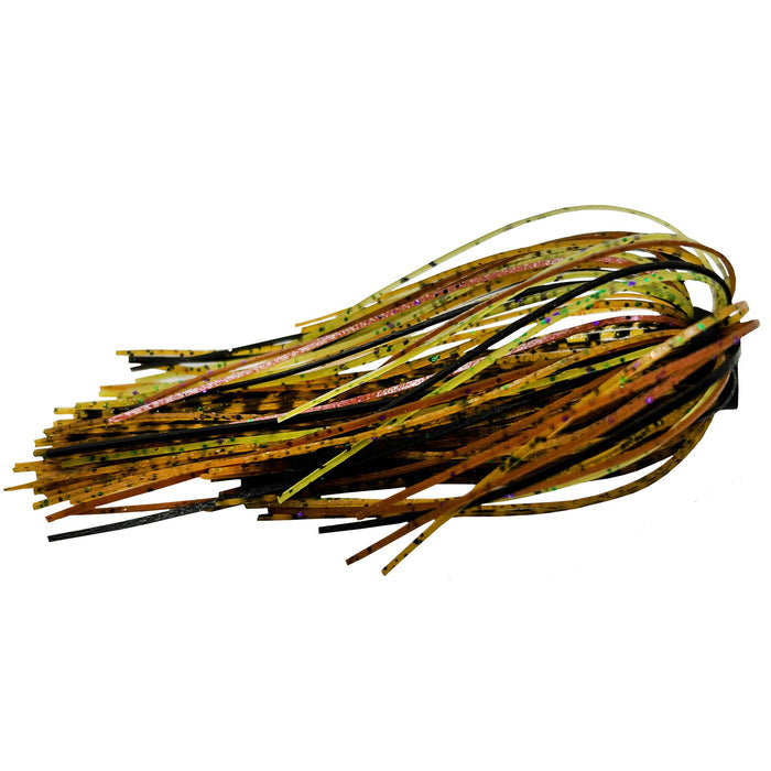 Outkast Tackle Jig Skirts in natural green and brown colors with black flecks, designed for fishing tackle to enhance lure appeal in musky and freshwater fishing.
