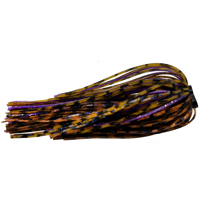 Outkast Tackle Jig Skirts in a mix of purple, orange, and yellow hues with black speckles, designed as fishing lure skirts for enhanced movement and attraction.