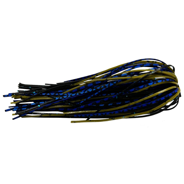 Outkast Tackle Jig Skirts featuring flexible, multi-colored strands in blue, black, and olive designed for use with fishing tackle to enhance lure appearance and attract fish.