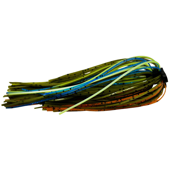 Outkast Tackle Jig Skirts featuring multi-colored silicone strands in green, blue, yellow, and orange with black speckles, designed for fishing tackle.
