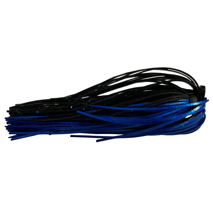 Outkast Tackle Jig Skirts in black and blue with strands designed for fishing lures, enhancing action and attraction for freshwater fishing tackle.