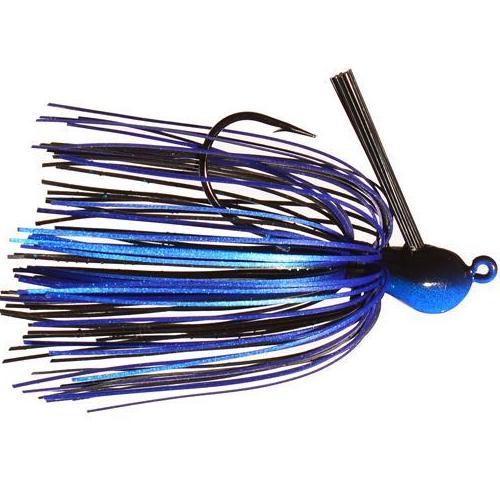 Outkast Tackle Juice Jig in black and blue, featuring a weighted head, sharp hook, and multi-strand skirt designed for lifelike movement in fishing tackle.