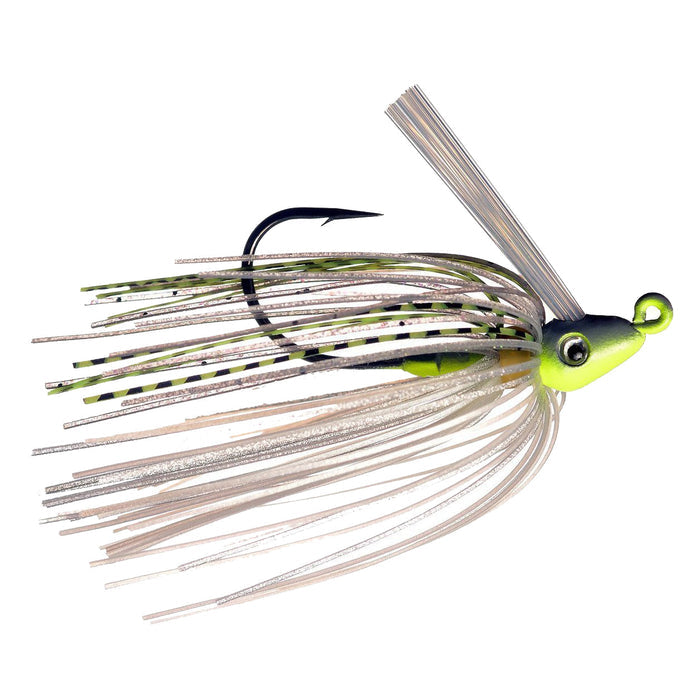 Outkast Tackle Pro Swim Jig featuring a detailed fishing lure with a yellow-green head, black striped skirt, and a sharp black hook, designed for effective fishing tackle use.