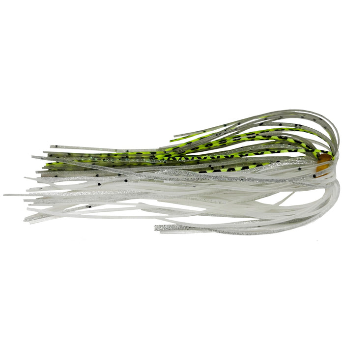Outkast Tackle Swim Jig Skirts in green and white with black speckles, designed for fishing tackle to enhance lure attraction in musky and other freshwater fishing.