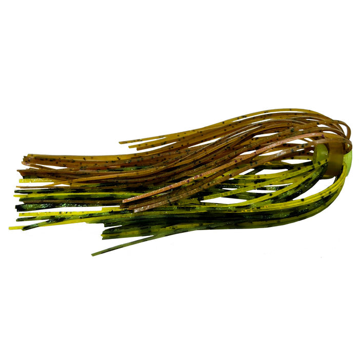 Outkast Tackle Swim Jig Skirts featuring flexible, multi-colored silicone strands in green and brown hues with black speckles, designed for fishing tackle and lure customization.