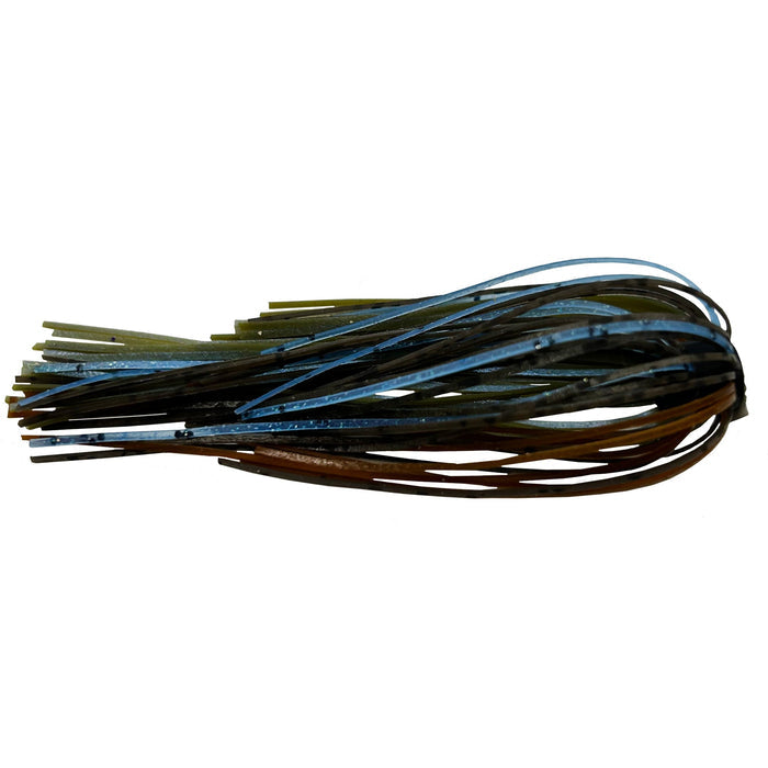 Outkast Tackle Swim Jig Skirts in shades of green, blue, and brown featuring flexible silicone strands designed for fishing tackle applications.