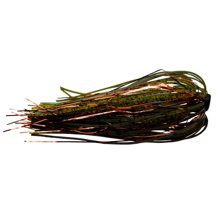Outkast Tackle Swim Jig Skirts with green, brown, and copper-colored strands designed for fishing tackle to enhance lure action in freshwater environments.