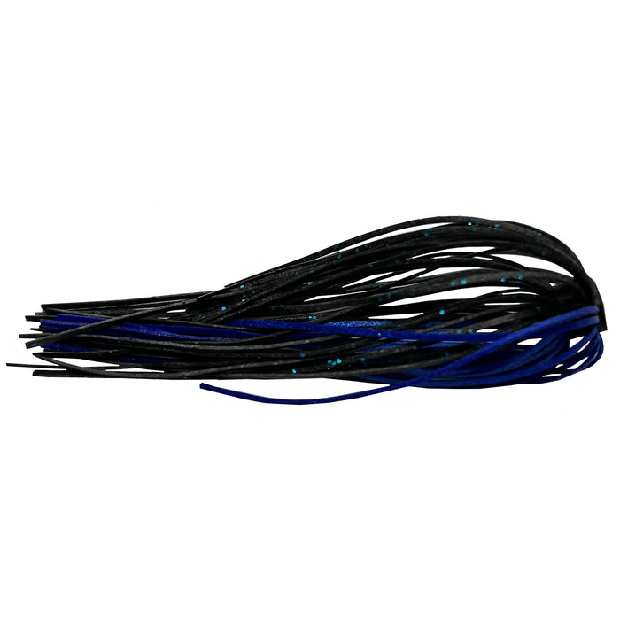 Outkast Tackle Swim Jig Skirts in black and blue with subtle blue glitter flecks, designed for use as fishing lure skirts in tackle and fishing gear.