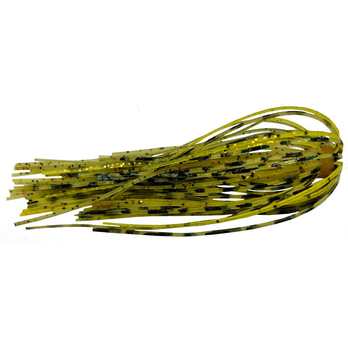 Outkast Tackle Swim Jig Skirts in translucent green with black and gold flecks, designed as fishing tackle to enhance swim jig action for musky and ice fishing.