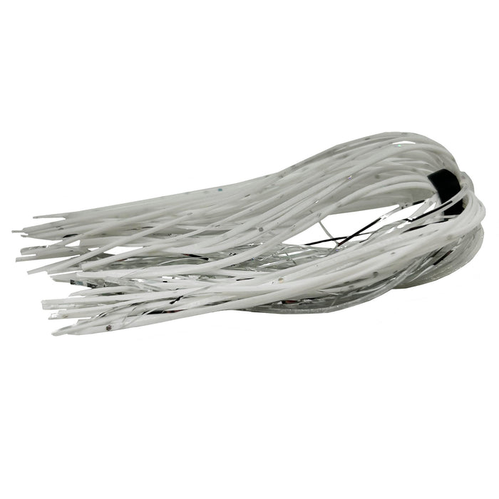 Outkast Tackle Swim Jig Skirts in white and silver colors, designed for fishing lures with flexible, long strands for enhanced movement in water.