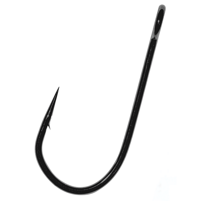 Owner Stinger Siwash Hooks featuring a sharp, curved black metal design with a barb near the pointed tip, used for secure fishing tackle and lure presentations.