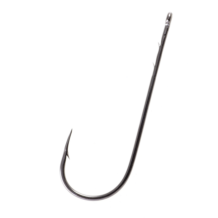 Owner Straight Shank Worm Hook made of dark metal with a long straight shank, sharp point, and barbed end designed for fishing tackle use.