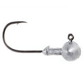 Close-up of an Owner Ultrahead Football Jig Head fishing lure featuring a sharp, curved hook with a weighted, rounded lead head designed for improved lure presentation and control in fishing tackle setups.
