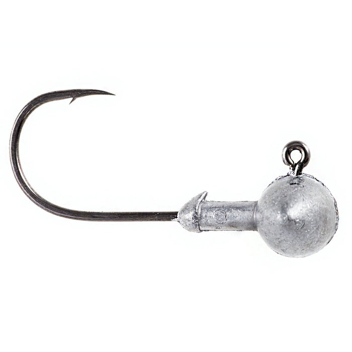 Close-up of an Owner Ultrahead Football Jig Head fishing lure featuring a sharp, curved hook with a weighted, rounded lead head designed for improved lure presentation and control in fishing tackle setups.