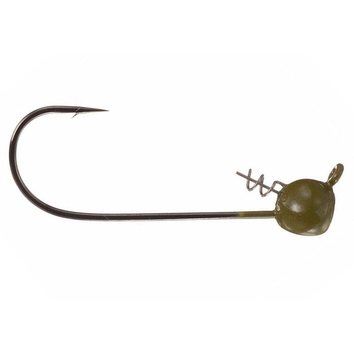 Owner Ultrahead Shakey Head fishing jig with a sharp hook and olive green weighted head featuring a screw lock for securing soft plastic bait, designed for precision fishing tackle.