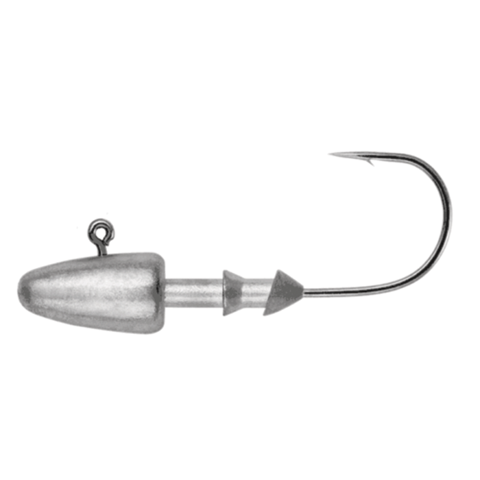 Owner Ultrahead Swimbait Darter Jigheads displayed on a white background, featuring a metallic weighted head with a sharp fishing hook for use in fishing tackle.