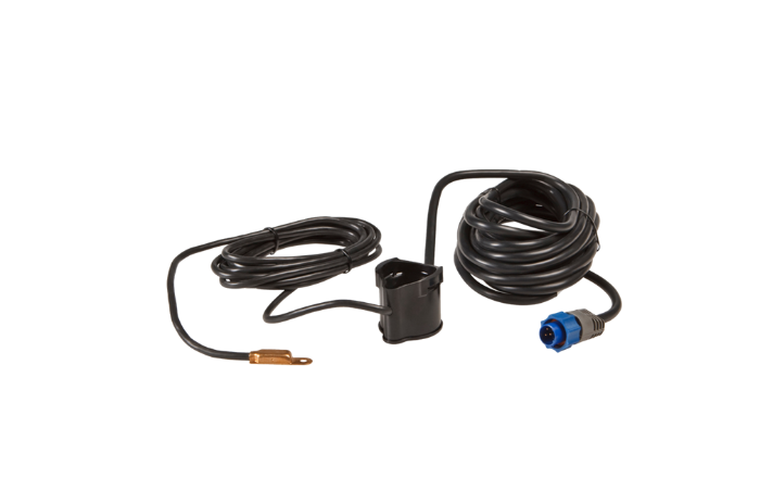 PDRT-WBL 83/200 kHz Shoot Thru Skimmer c/w Temp features coiled black cables with a copper temperature sensor and a blue connector, designed for marine electronics fishing tackle.